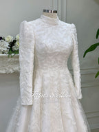 Elegant hijab wedding dress with beaded 3D lace, high neck, long sleeve A-line gown