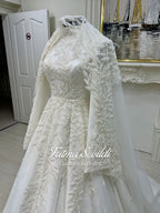 Elegant hijab wedding dress with beaded 3D lace, high neck, long sleeve A-line gown