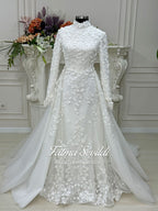 Elegant mermaid hijab wedding dress with high neck, long sleeves, 3D lace, detachable skirt