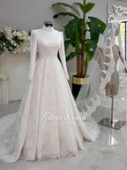 Elegant veiled full lace hijab wedding dress with high neck, long sleeves