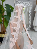 Delicate white lace veil with floral patterns for elegant hijab wedding dress