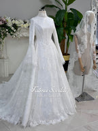 Elegant veiled modest hijab lace wedding gown with bell sleeves