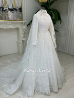 Elegant veiled hijab wedding dress with beaded lace high neck long sleeves