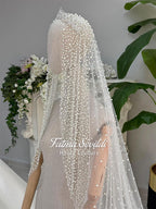 Elegant veiled hijab wedding veil with beaded tiara and pearls