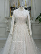 Elegant Veiled Hijab Wedding Dress, High Neck Long Sleeve Lace Ballgown Muslim Bridal Gown