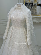 Elegant Veiled Hijab Wedding Dress, High Neck Long Sleeve Lace Ballgown Muslim Bridal Gown