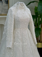 Elegant Veiled Hijab Wedding Dress, High Neck Long Sleeve Lace Ballgown Muslim Bridal Gown