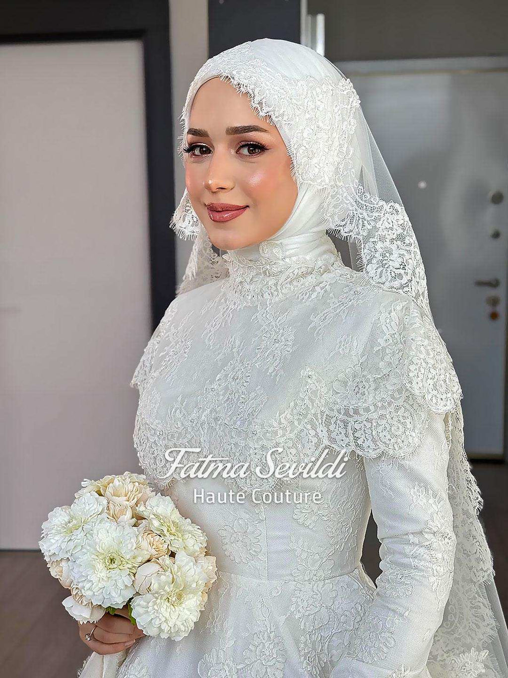 Elegant white lace Muslim bridal gown with floral embroidery and veil