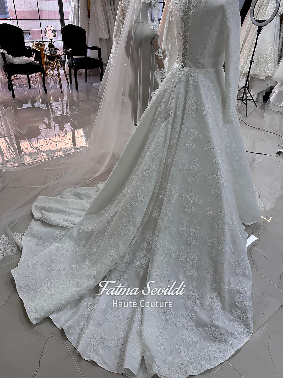 Elegant Veiled Muslim Wedding Dress, Luxury Modest Muslim Long Sleeve Lace Ball Gown