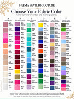 Fatma Sevildi Couture fabric color chart for bridal and evening gowns, displaying swatches in six columns with English color names and codes. Enter your chosen color name and code in the personalization field.
