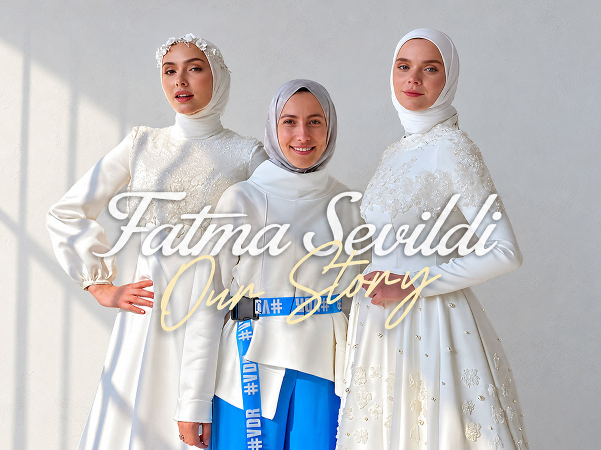 Fatma Sevildi with two models wearing custom-made hijab wedding dresses featuring lace and hand-embellished details.