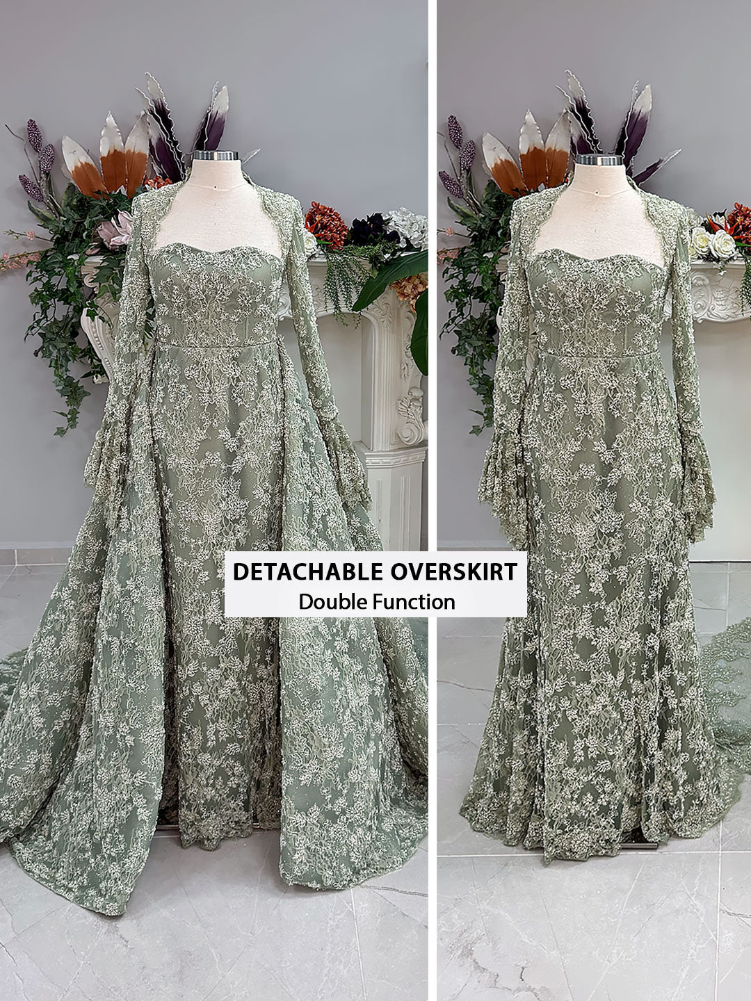 Sage green evening dress with beaded floral lace, a sweetheart neckline and long sleeves with flared lace cuffs, displayed on a mannequin.