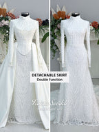 Luxury hijab wedding dress with long sleeves, high neck, beaded lace mermaid silhouette and detachable overskirt, veiled bridal set. Handmade couture modest bridal gown with lace-up corset back and sparkling embroidery.