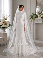 Hijab Basque Wedding Dress Mermaid with Detachable Skirt, Long Sleeve High Neck, Veiled Couture