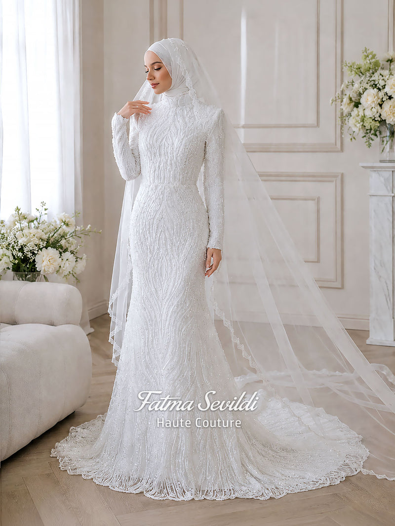 Hijab Basque Wedding Dress Mermaid with Detachable Skirt, Long Sleeve High Neck, Veiled Couture