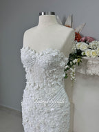 3-in-1 white hijab wedding dress with a beaded mermaid gown, detachable overskirt and long sleeve high-neck bridal topper. Convertible modest bridal set with dimensional floral lace and a coordinating lace veil.