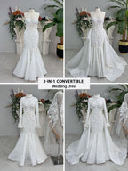 3-in-1 white hijab wedding dress with a beaded mermaid gown, detachable overskirt and long sleeve high-neck bridal topper. Convertible modest bridal set with dimensional floral lace and a coordinating lace veil.