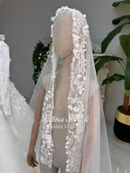 Delicate white lace hijab bridal veil with 3D floral appliques