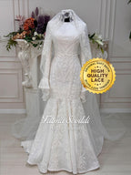 White beaded lace hijab wedding dress with high neck, long sleeves and veil