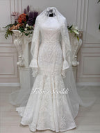 White beaded lace hijab wedding dress with long sleeves and veil