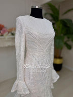 White beaded lace high neck long sleeve hijab bridal gown with veil
