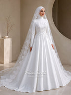 Hijab Wedding Dress, Veiled A-Line Satin Long Sleeve Luxury Muslim Bridal Gown, Lace Mantilla