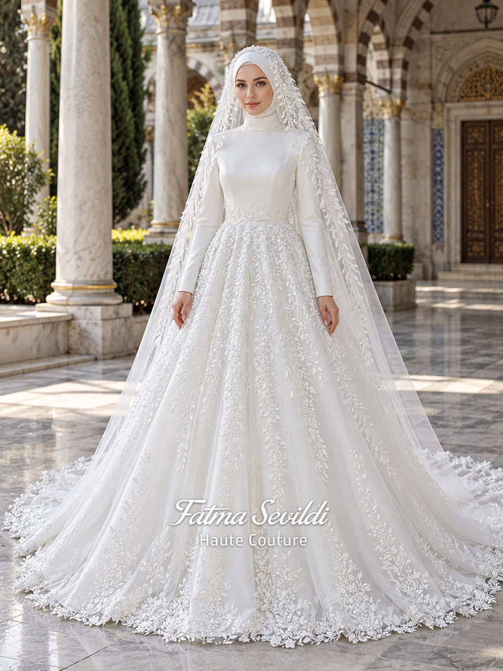 White A-line hijab wedding dress with a high-neck satin bodice, long sleeves, and a beaded botanical lace tulle skirt with a sweeping train. Displayed beside a coordinating lace-trimmed veil.