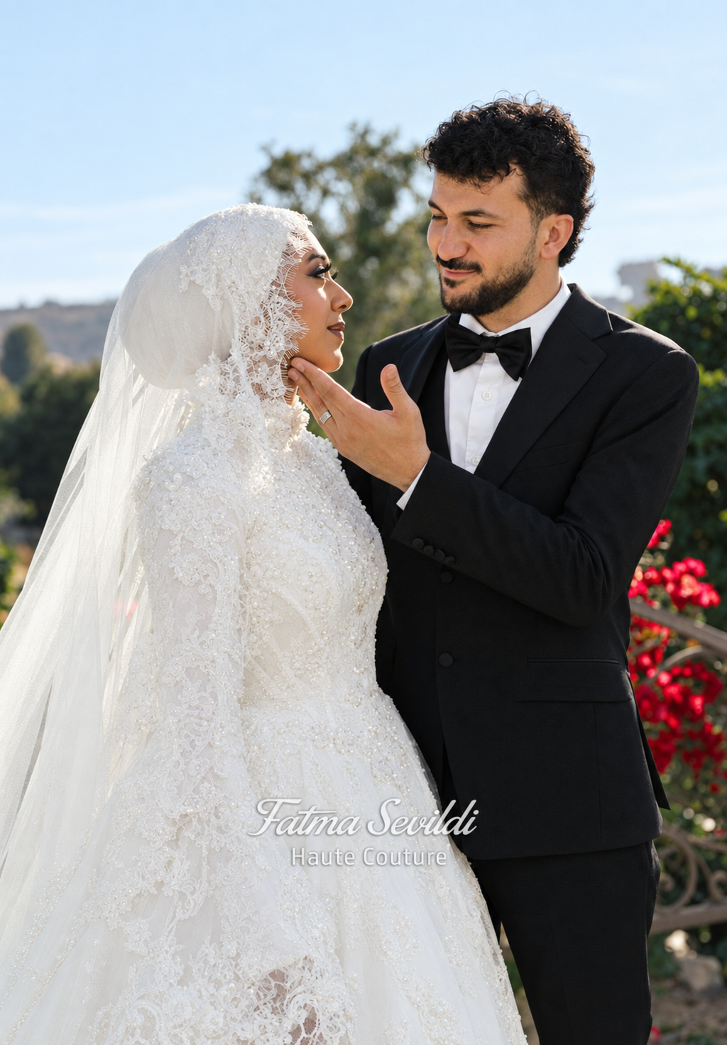 فستان زفاف فاخر ومحتشم، فستان زفاف محجبات بقصة الخصر المنخفض، أكمام طويلة وياقة عالية، بتصميم مغطى بالكامل