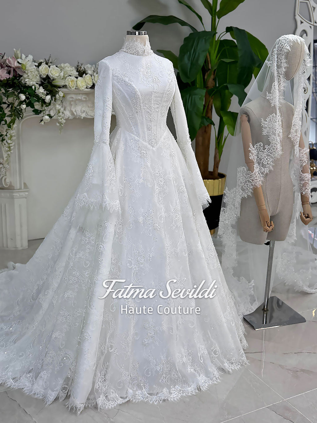 Elegant veiled modest hijab lace wedding gown with bell sleeves