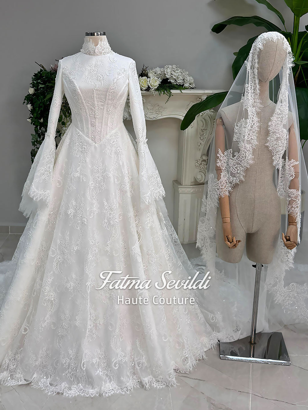 Elegant white lace modest hijab wedding gown with veiled corset bodice and bell sleeves