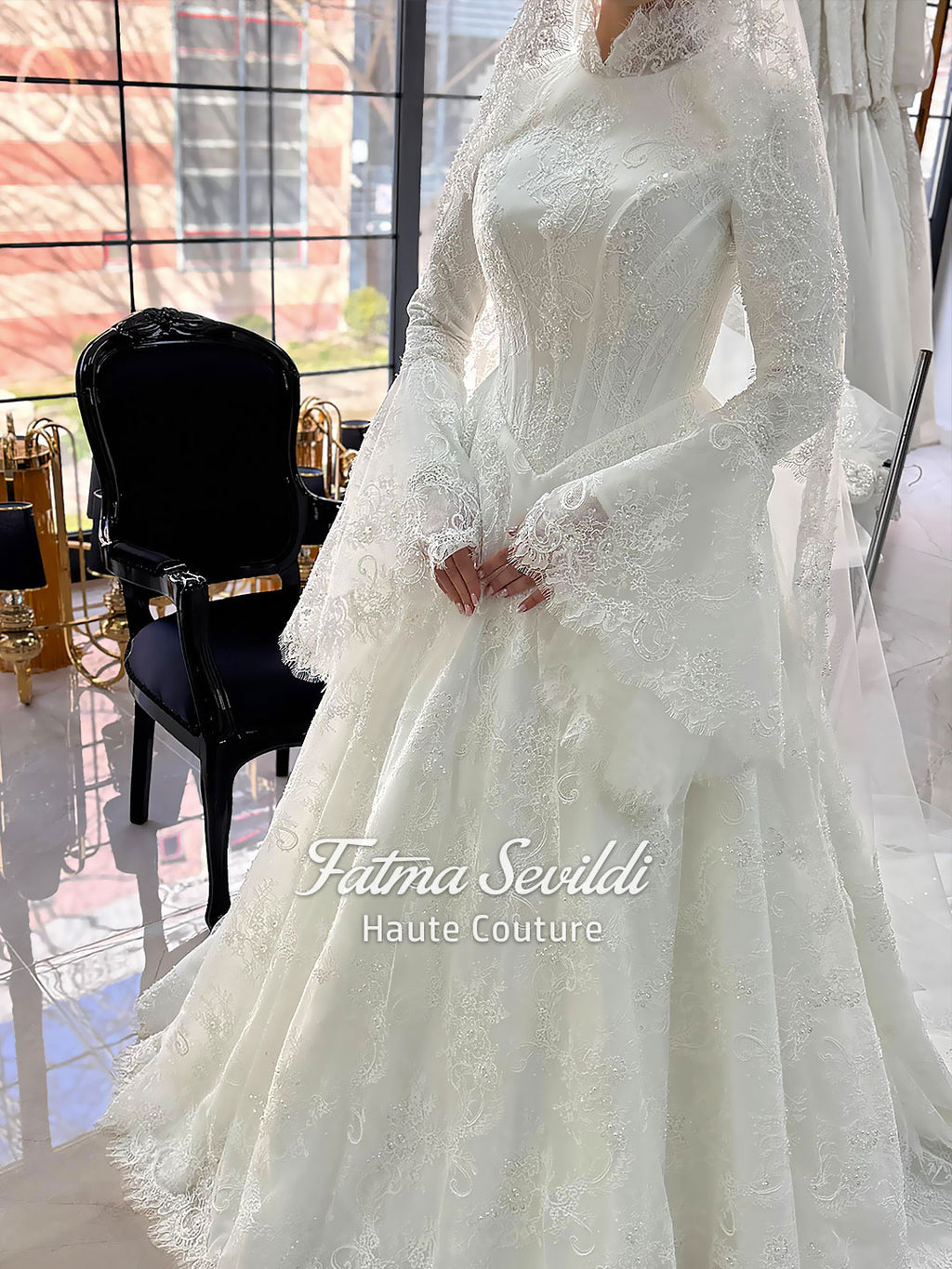 Elegant white lace hijab wedding gown with veiled corset, bell sleeves, floral embroidery