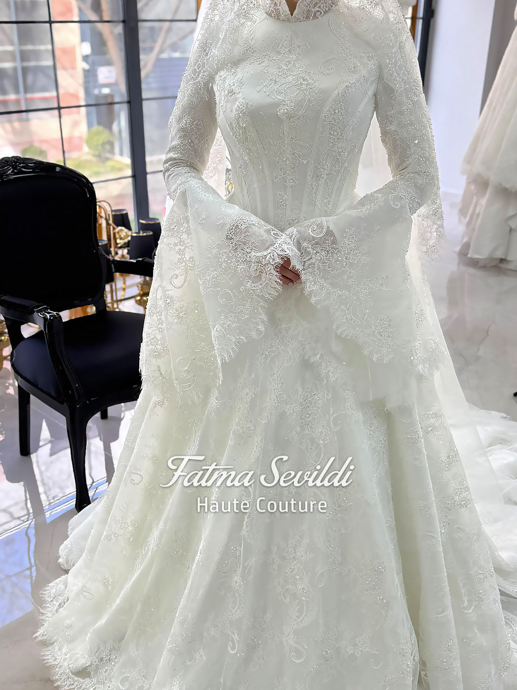 Elegant veiled modest hijab wedding dress with lace bell sleeves