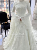Elegant veiled modest hijab wedding dress with lace bell sleeves