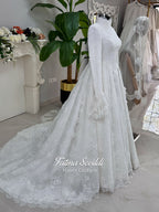 Luxury hijab wedding dress with A-line silhouette, beaded lace detailing and cathedral lace veil, modest long sleeve bridal gown for Muslim bride