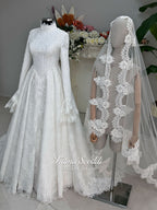 Luxury hijab wedding dress with A-line silhouette, beaded lace detailing and cathedral lace veil, modest long sleeve bridal gown for Muslim bride