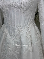 Luxury hijab wedding dress with A-line silhouette, beaded lace detailing and cathedral lace veil, modest long sleeve bridal gown for Muslim bride