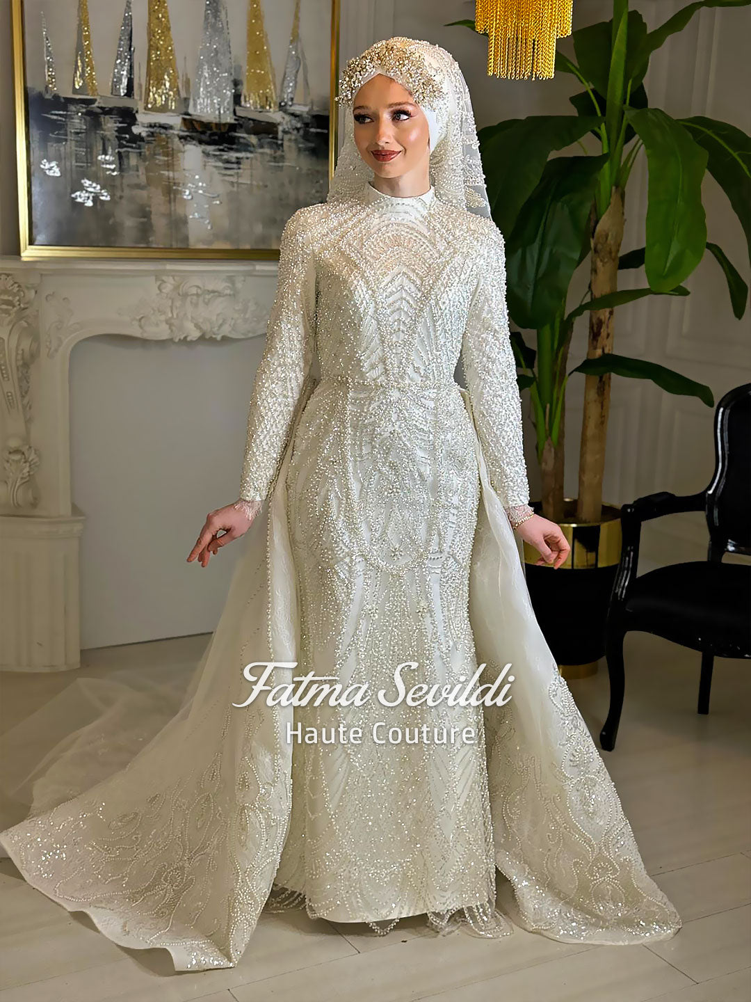 Luxury Hijab Wedding Dress, Sparkly Beaded Modest Bridal Gown, Long Sleeve