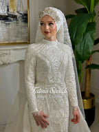 Luxury Hijab Wedding Dress, Sparkly Beaded Modest Bridal Gown, Long Sleeve