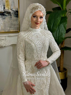 Luxury Hijab Wedding Dress, Sparkly Beaded Modest Bridal Gown, Long Sleeve