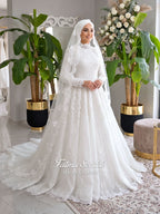 Luxury Hijab Wedding Dress Veiled Sparkle Tulle Long Sleeve Modest Bridal Gown