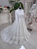 Luxury Hijab Wedding Dress Veiled Sparkle Tulle Long Sleeve Modest Bridal Gown