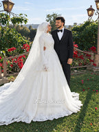 Luxury Modest Ballgown, Hijab Basque Wedding Dress, Long Sleeve High Neck, Veiled
