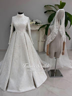 Luxury modest high-neck beaded lace wedding dress with veil