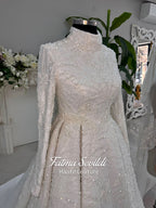 Luxury Modest High-Neck Beaded Lace Wedding Dress with Lace Veil, Custom Fit