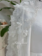 Luxury hijab wedding dress with long sleeves and high neck in an elegant A-line silhouette, shown with premium lace veil. Modest bridal gown featuring subtle sparkle embroidery and a chapel train.