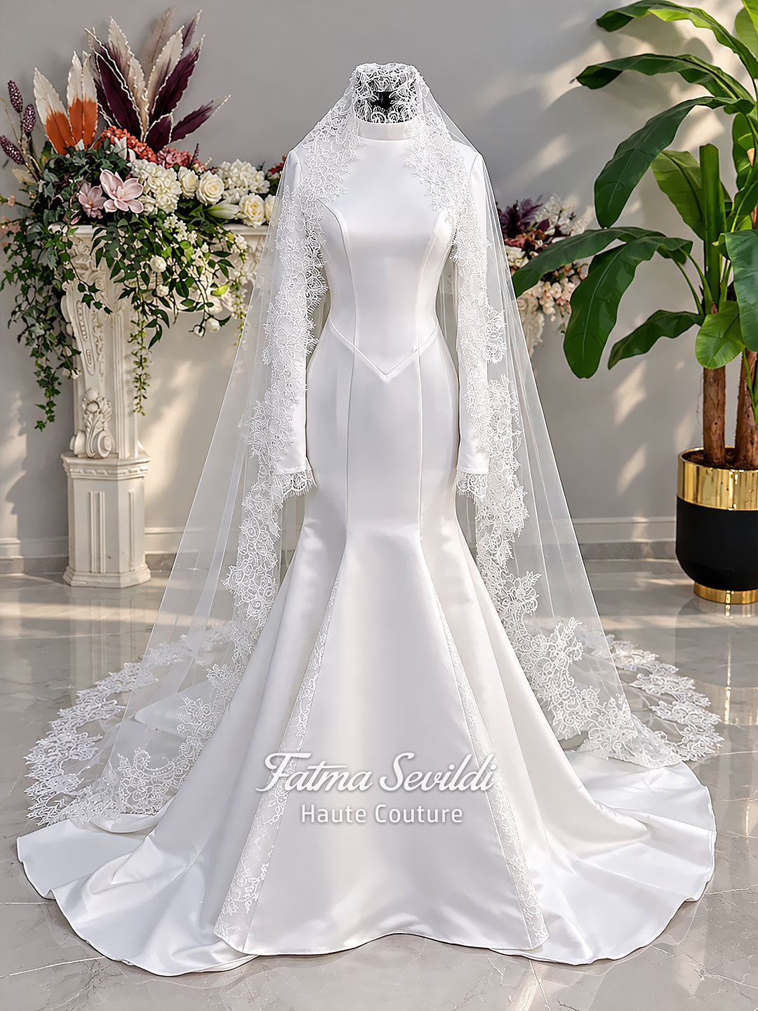 White mermaid satin-look hijab wedding dress with a high neckline, long sleeves, fitted bodice and floor-length train, styled with an intricate floral lace bridal veil. Fatma Sevildi Haute Couture modest bridal design.