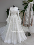 Modest A-line wedding dress with floral lace applique, high neck, long sleeves