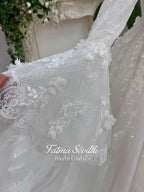 Modest A-Line Wedding Dress Floral Applique High Neck Long Sleeve Beaded Lace Custom Made