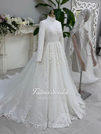 Modest white hijab wedding dress with lace, glitter tulle skirt, high neck sleeves