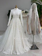 Modest white hijab wedding dress with lace, glitter tulle skirt, high neck